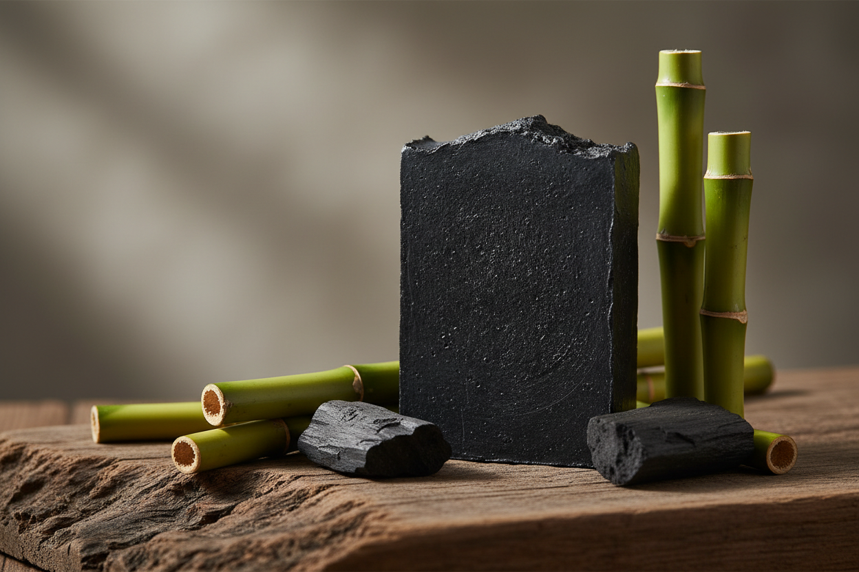 Handmade charcoal and bamboo soap standing vertically