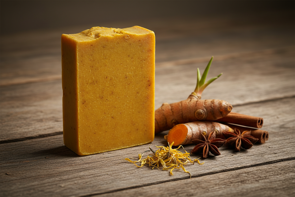 Handmade turmeric soap standing vertically